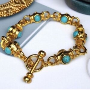 Matte Gold Byzantine Revival Turquoise Cabochon Toggle Necklace